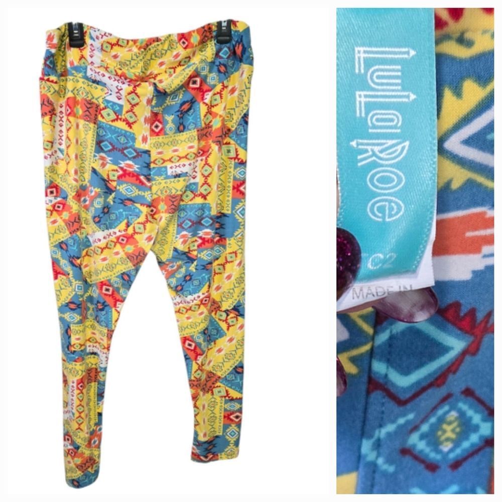 LuLaRoe Tall & Curvy 2 TC2 Blue Yellow Geometric Leggings (18–26) Butter Soft